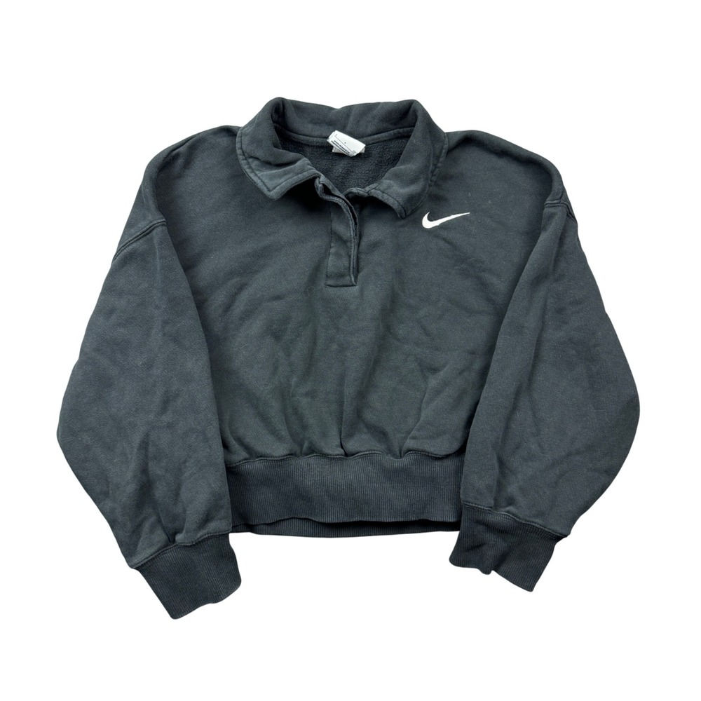 Nike Womens Small Phoenix Cropped Polo Sweatshirt Black Embroidered Swoosh